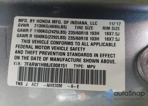 2018 Honda Cr-V Ex-L/Ex-L Navi z USA, uszkodzony, nr VIN 7FARW1H88JE008151